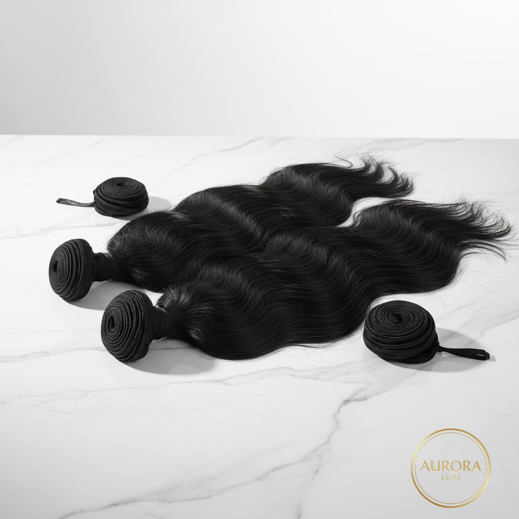 Luxury raw Vietnamese hair bundles on white marble surface
