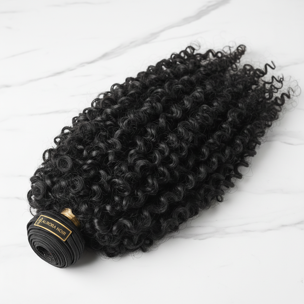 Luxury raw Vietnamese curly hair bundle on white marble surface