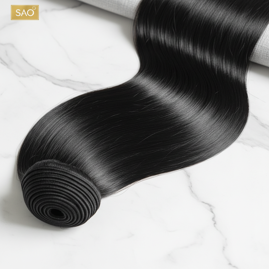 Luxury raw Vietnamese straight hair bundle on white marble surface