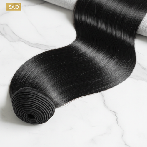 Luxury raw Vietnamese straight hair bundle on white marble surface